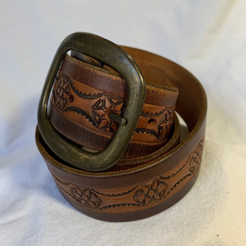 Retro brass two tone leather belt medium 34 unisex